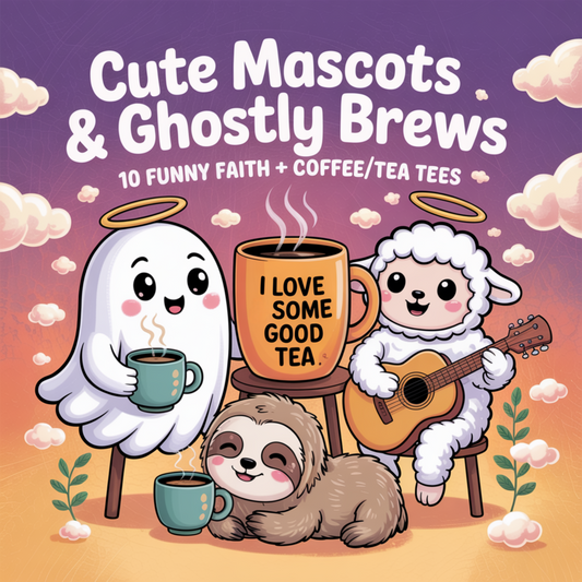 Banner: ‘Cute Mascots & Ghostly Brews’ with cartoon ghost, sloth, and lamb drinking coffee and tea.