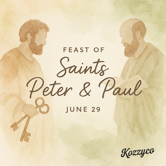 Watercolor banner featuring Saints Peter and Paul—Peter holding keys on the left, Paul holding a scroll on the right—with soft green and beige tones and elegant script reading ‘Feast of Saints Peter & Paul • June 29.