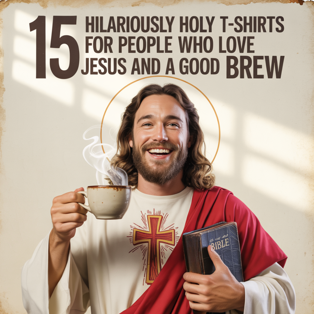 a christ like figure holding coffee and the bible with the caption 15 Hilariously Holy T-Shirts for People Who Love Jesus and a Good Brew
