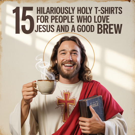 a christ like figure holding coffee and the bible with the caption 15 Hilariously Holy T-Shirts for People Who Love Jesus and a Good Brew