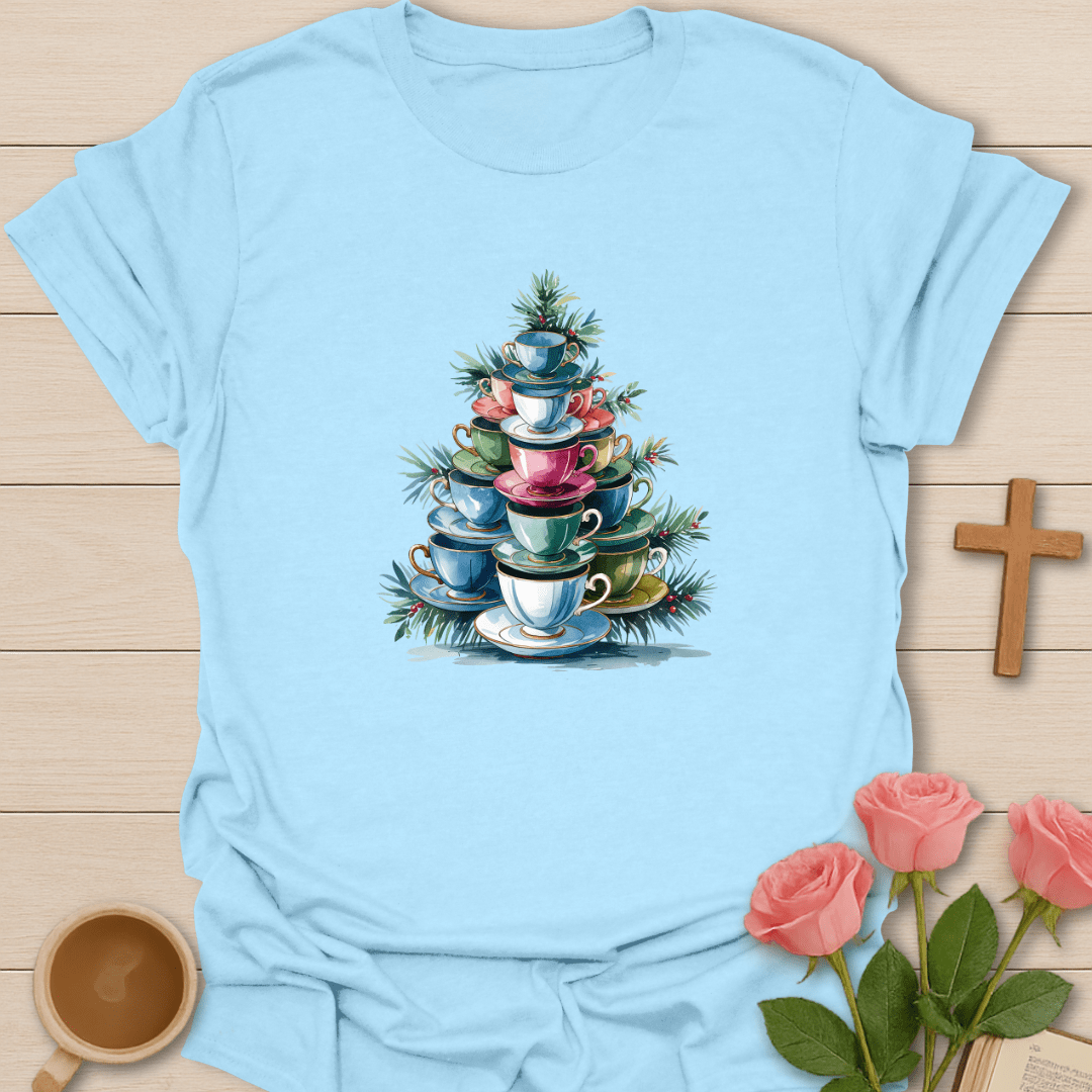 Christmas Teacup Tree T-Shirt - Kozzy Co Light Blue / S