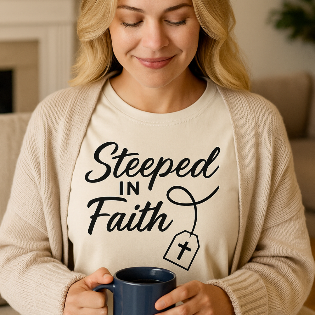 Woman wearing a shirt with 'Steeping in Faith' holding a mug indoors.
