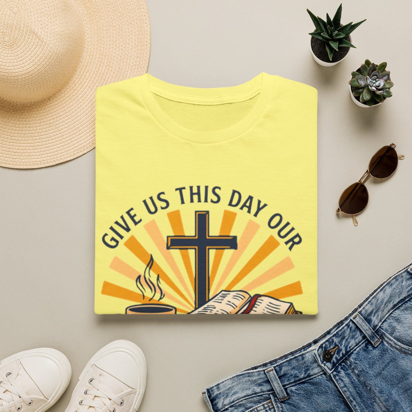Daily Bread Christian shirt with open Bible, bread, cross, sun rays, and coffee cup.