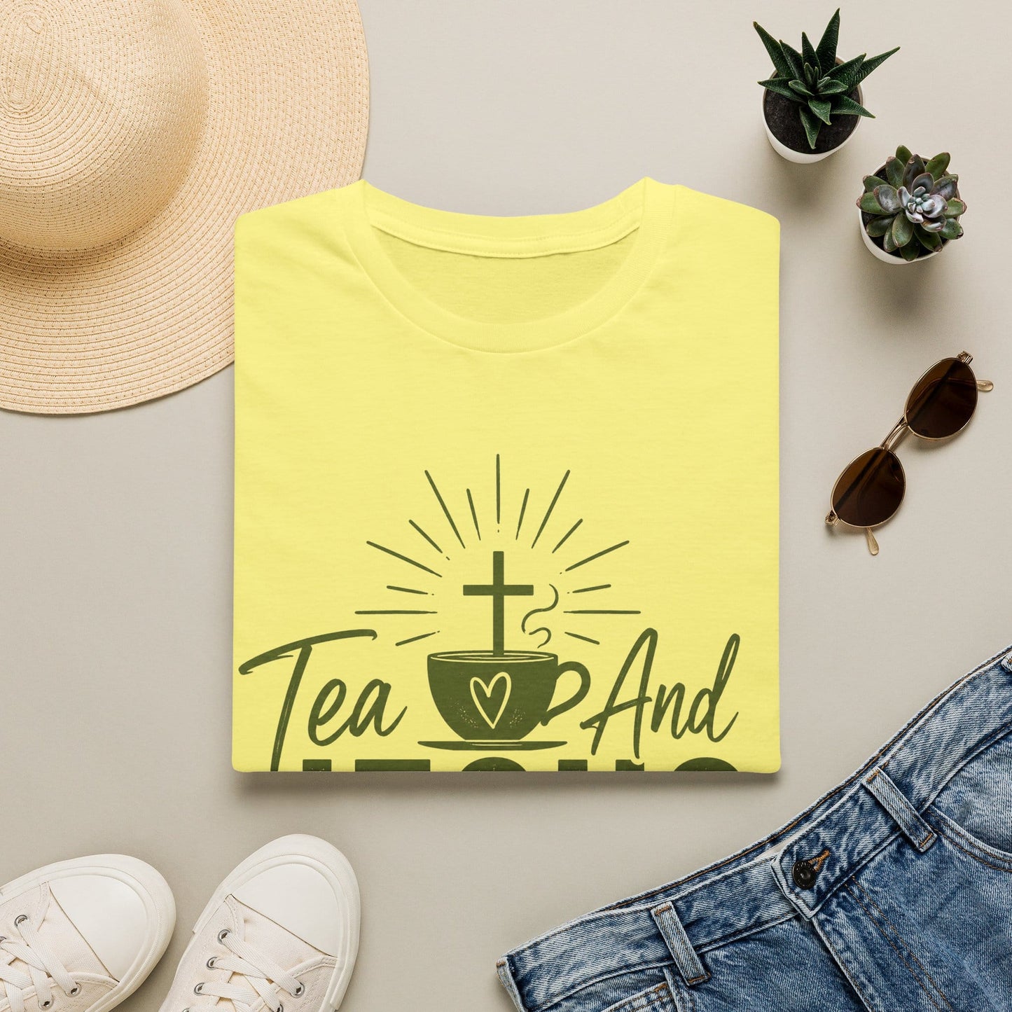 Tea and Jesus shirt with green teacup, cross, heart, sun rays, and comfort my soul message.