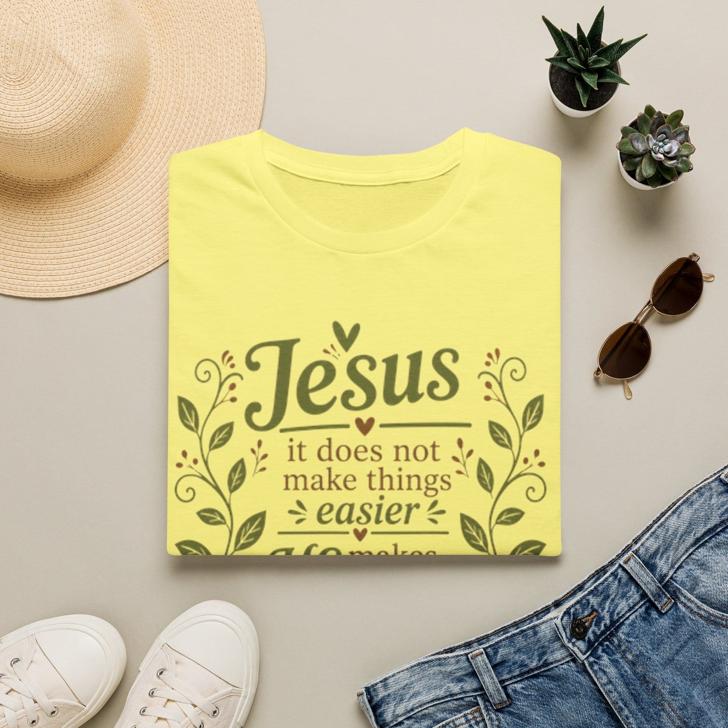 Jesus tea shirt with Luke 1:37 verse, teacup, vines, hearts, and message that Jesus makes things possible.