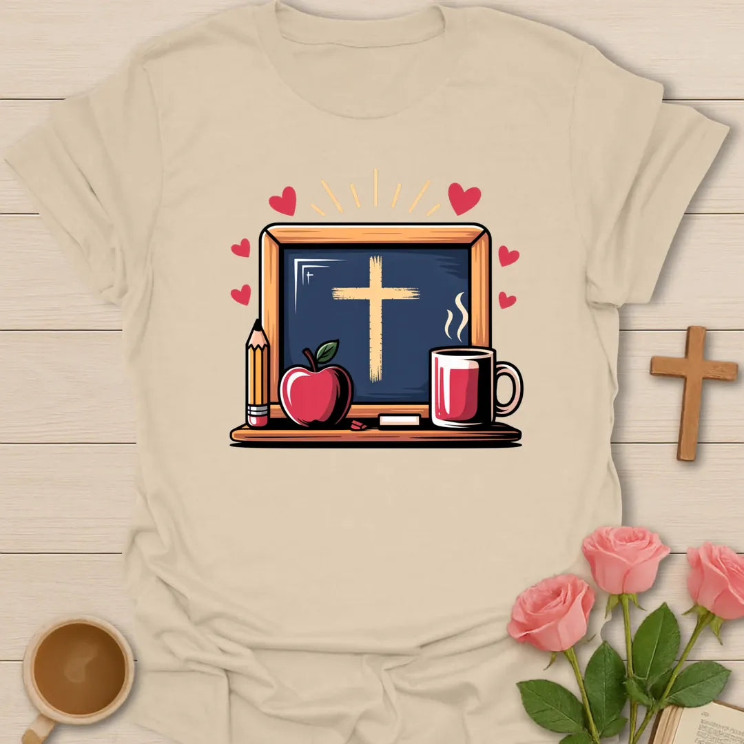 1st Grade Teacher Essentials shirt with teacup, pencils, and cream vintage lettering. - Sand