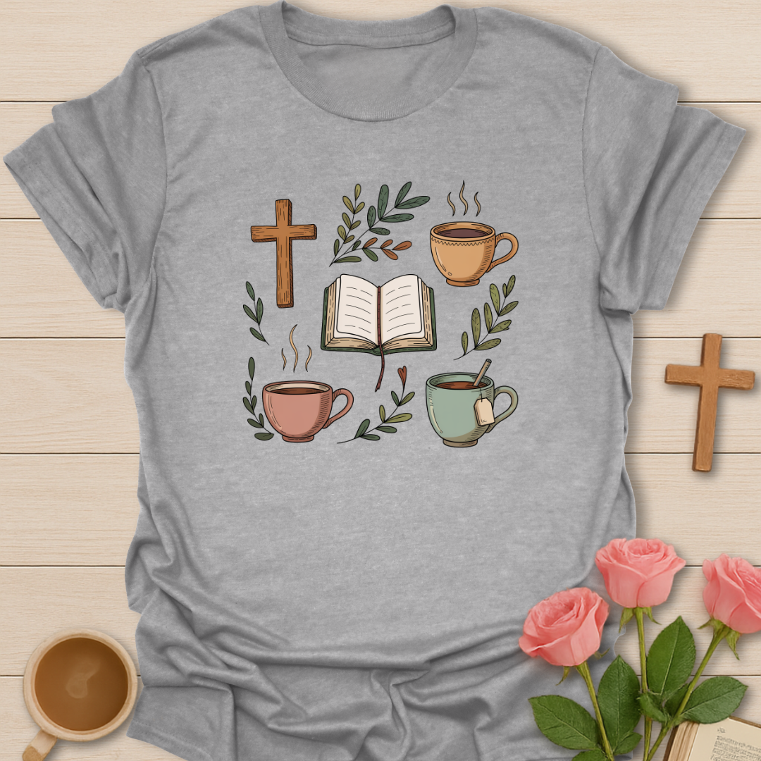 Sport gray Christian faith and tea shirt for women featuring Bible, cross, and cozy tea cups, perfect for Bible study, prayer time, and tea lovers