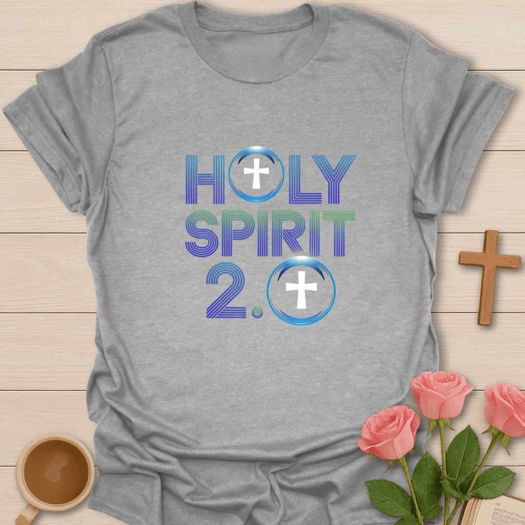 Sport Gray Holy Spirit 2.0 Christian t-shirt featuring modern typography and cross symbols, inspirational faith apparel for women