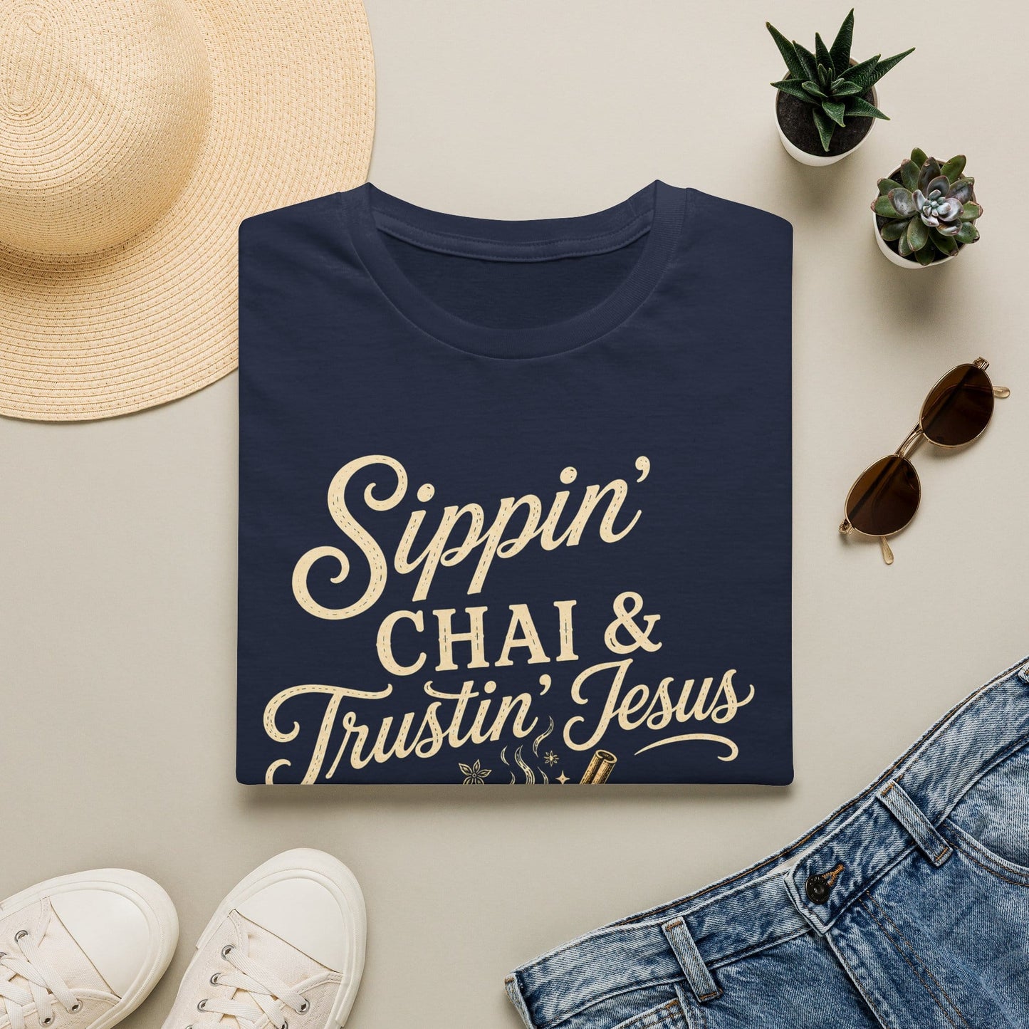 Sippin Chai and Trustin Jesus shirt with mason jar chai, straw, cross tea tag, steam, flowers, and cream vintage lettering.