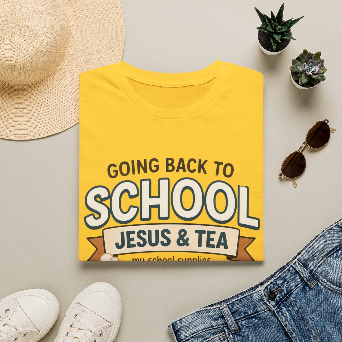 Going back to school Jesus and Tea shirt with coffee cup, Bible character, apple, pencil, and school supplies.