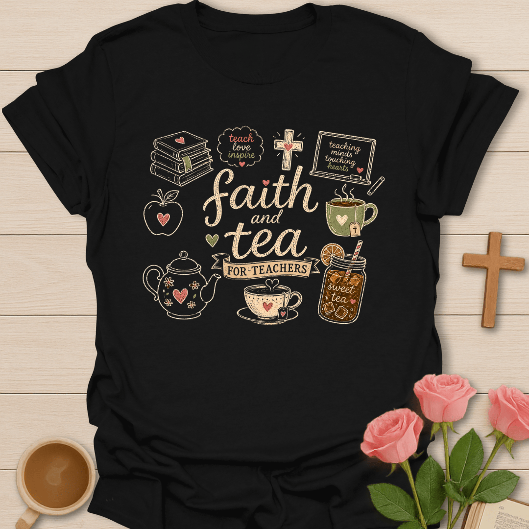 Faith and Tea for Teachers shirt with cream hand-lettering, teapot, apple, books, chalkboard, tea cups, hearts, flowers, and vintage doodle layout.
