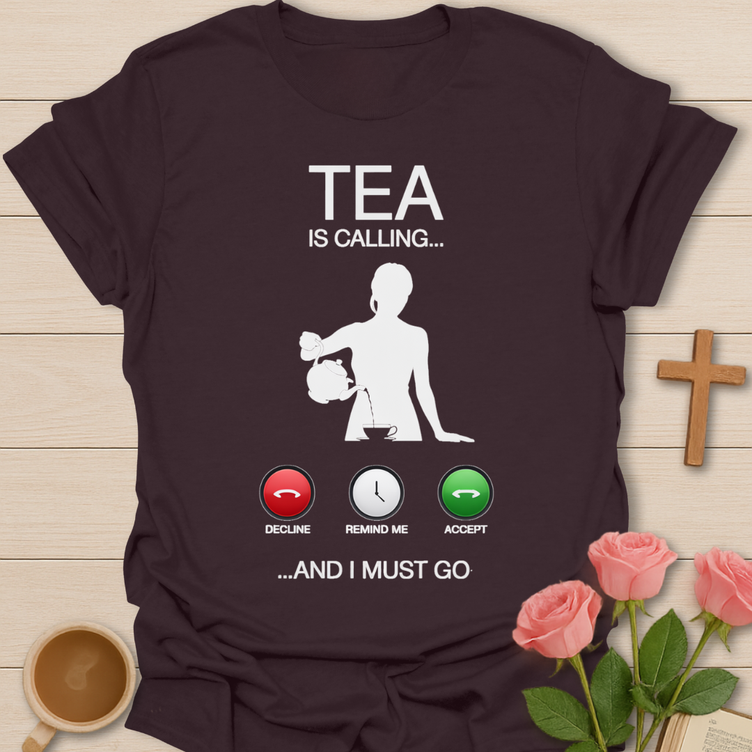 Dark Chocolate Minimalist silhouette pouring tea with text reading “Tea Is Calling… And I Must Go,” styled like an incoming phone call screen