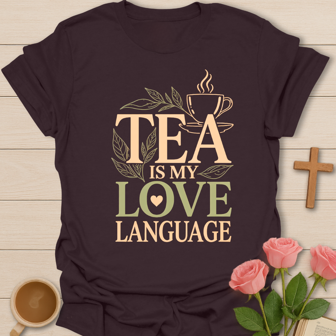 Dark brown Tea Is My Love Language t-shirt featuring a steaming tea cup, leaves, and warm cozy typography for tea lovers