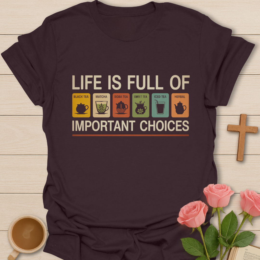 Dark Chocolate Life is full of important choices tea graphic with black tea, matcha, boba, sweet tea, iced tea, and herbal tea icons on a faith-inspired Christian design