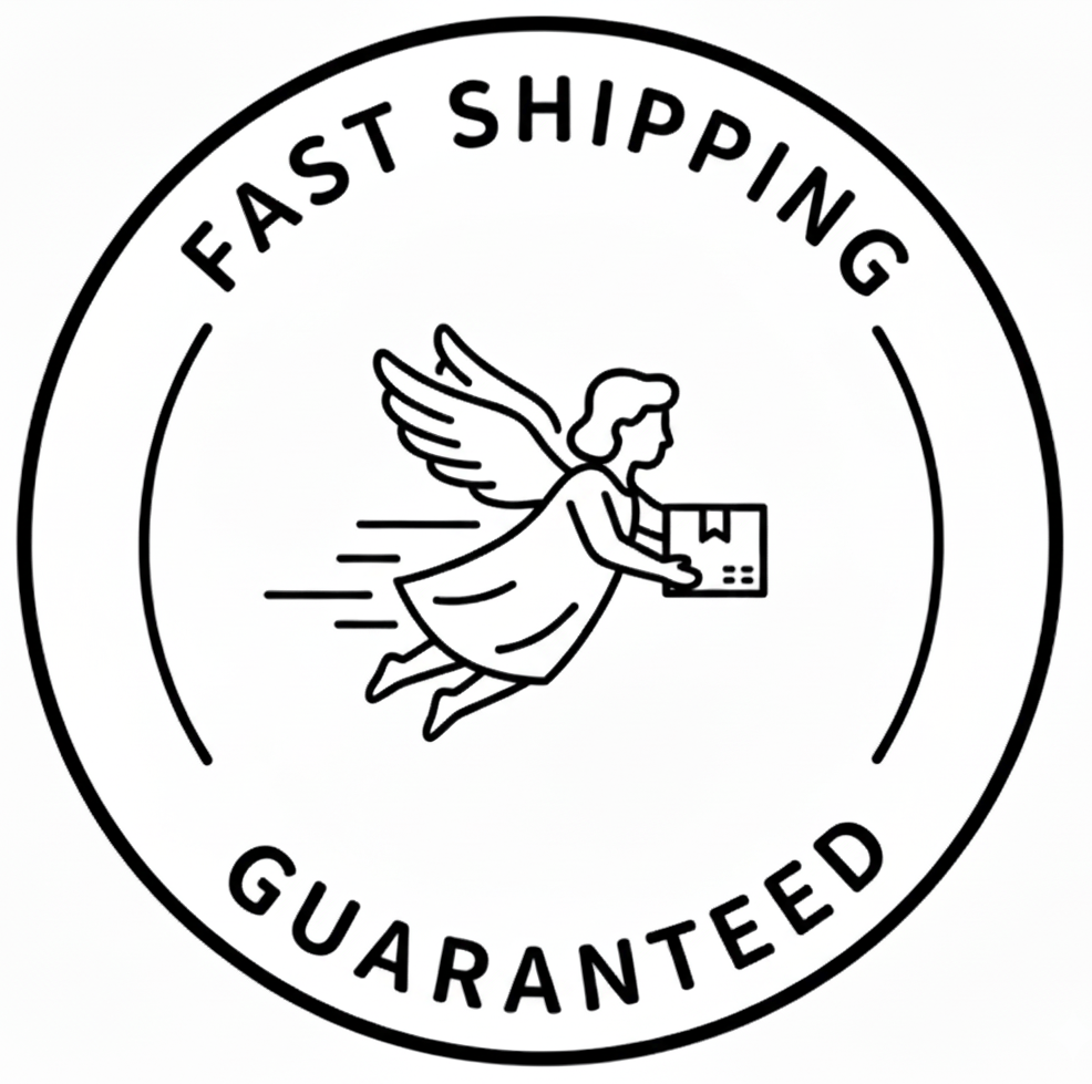 Logo with text 'Fast Shipping Guaranteed' and an angel icon holding a package.
