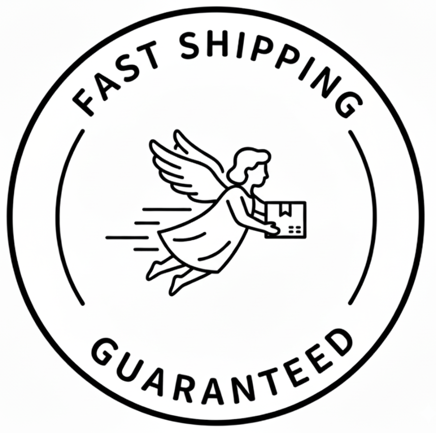 Logo with text 'Fast Shipping Guaranteed' and an angel icon holding a package.