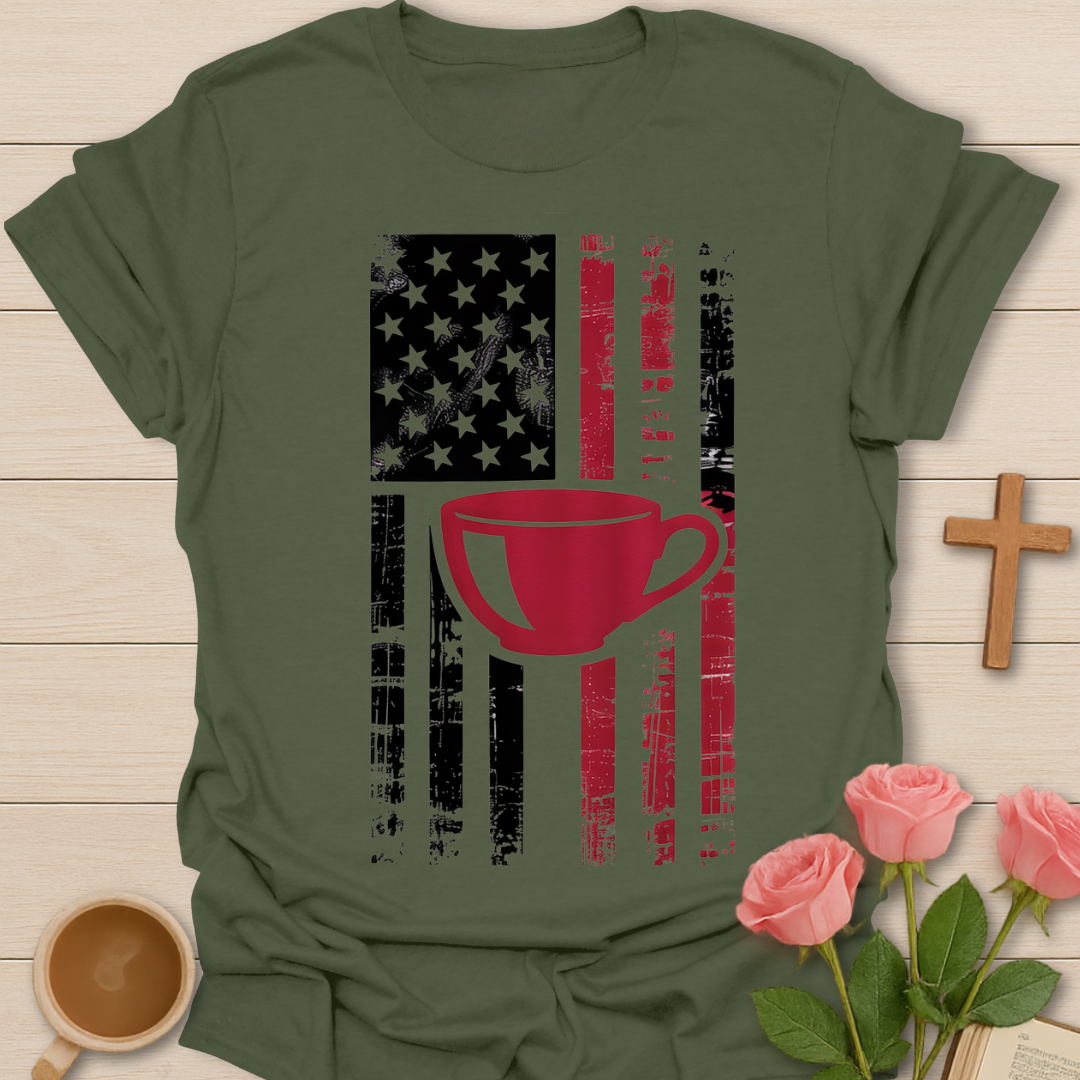 Green American flag tea cup graphic shirt featuring a red tea cup over a distressed USA flag design for tea lovers and patriotic faith wear