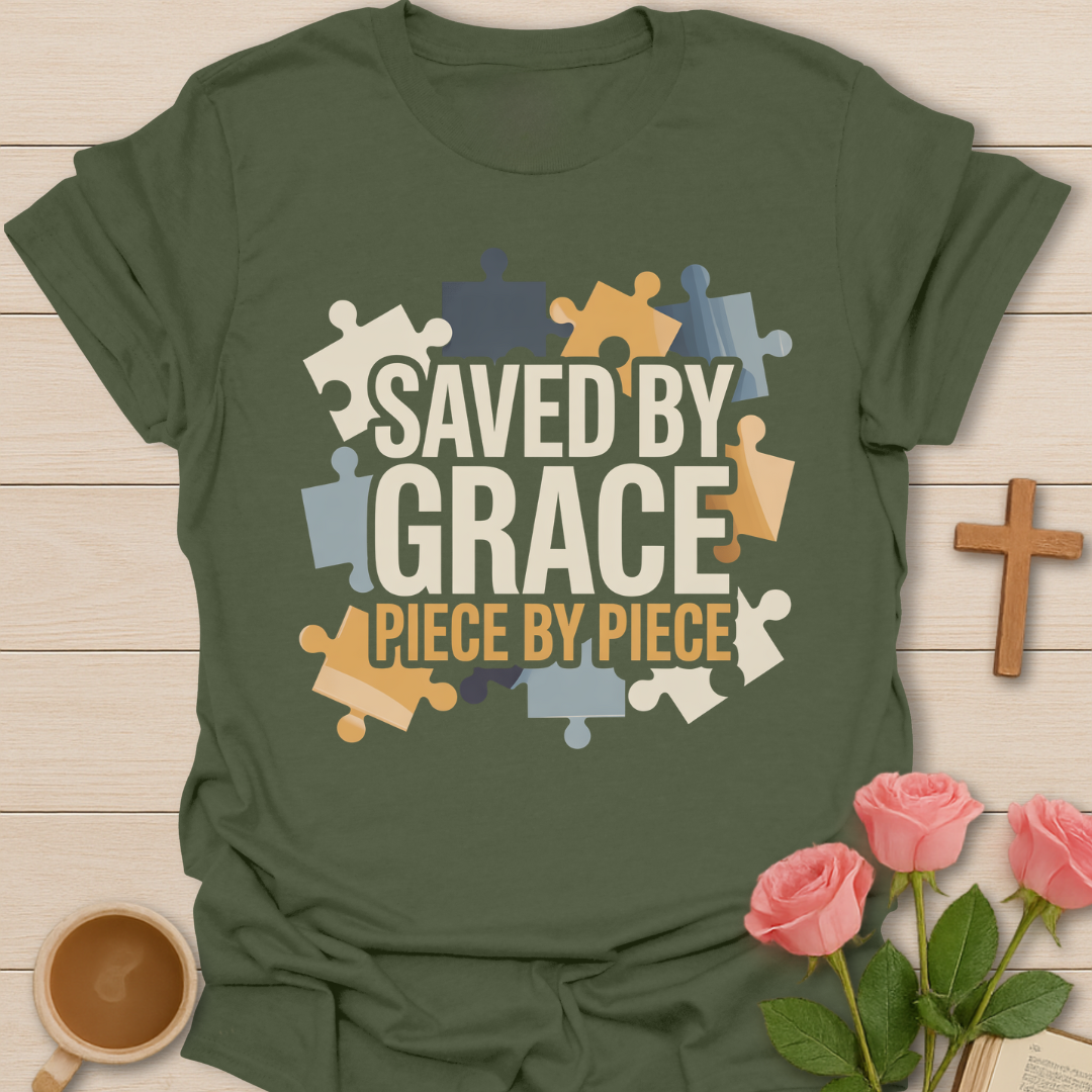 Green Saved by Grace Puzzle Christian t-shirt with puzzle piece design symbolizing faith restored piece by piece through God’s grace