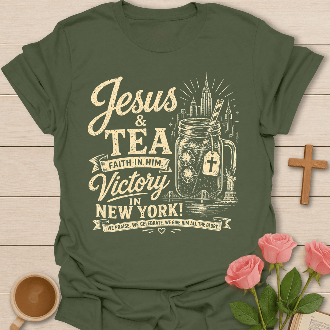 Jesus Tea Victory New York T-Shirt KozzyCo Christian and tea lover design