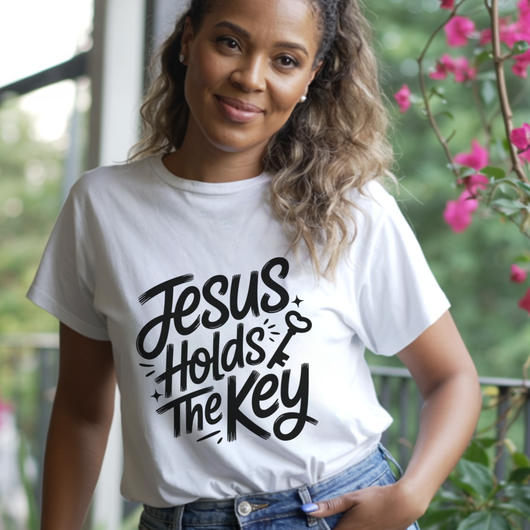 Woman wearing a white t-shirt with 'Jesus Holds The Key' text, standing outdoors with greenery in the background.