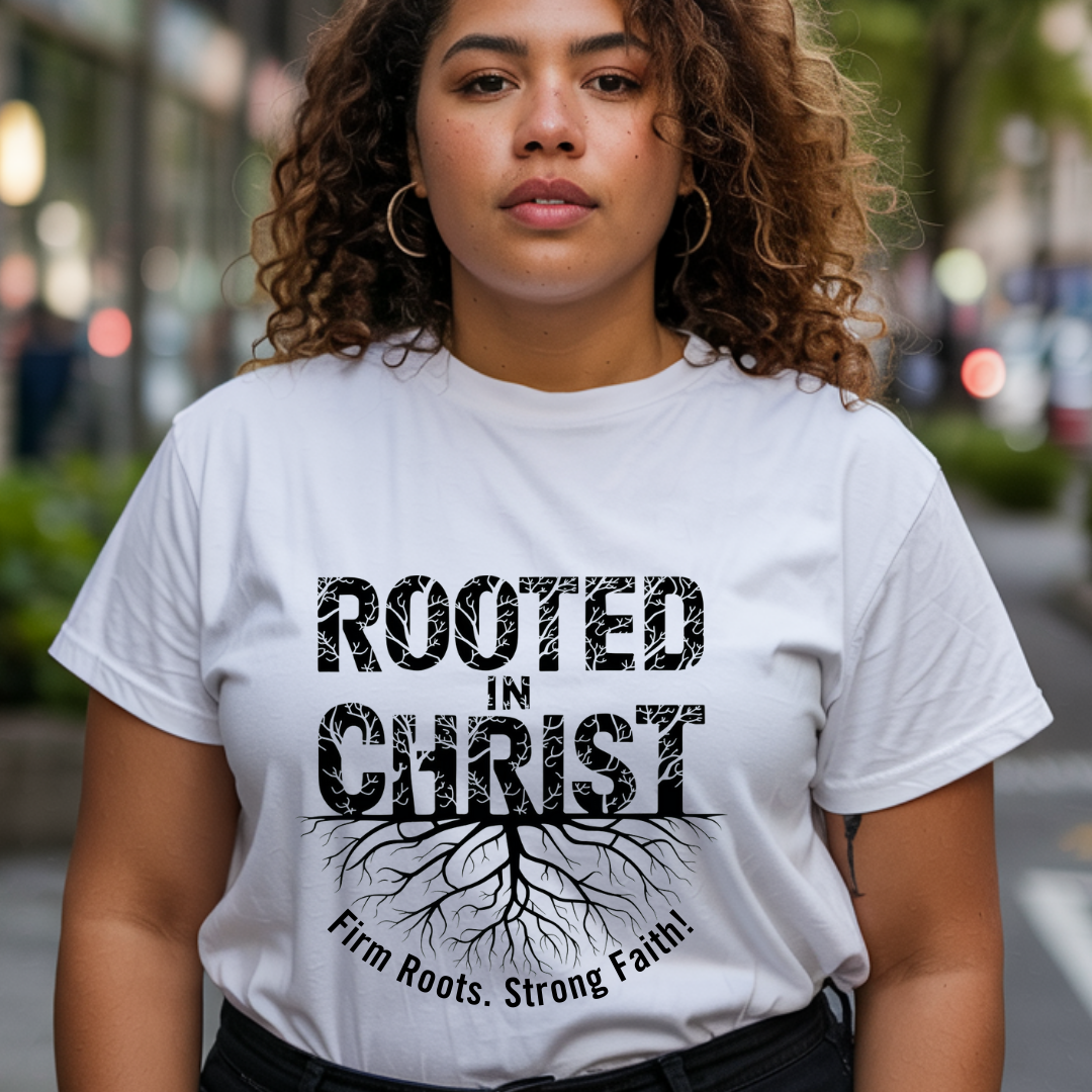 Person wearing a white t-shirt with 'Rooted in Christ' text and tree root graphic.