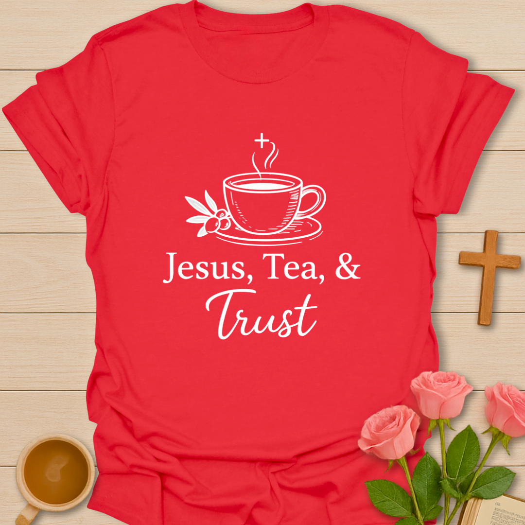 Red Christian women’s faith t-shirt featuring Jesus Tea and Trust design with cross, tea cup, and peaceful inspirational artwork