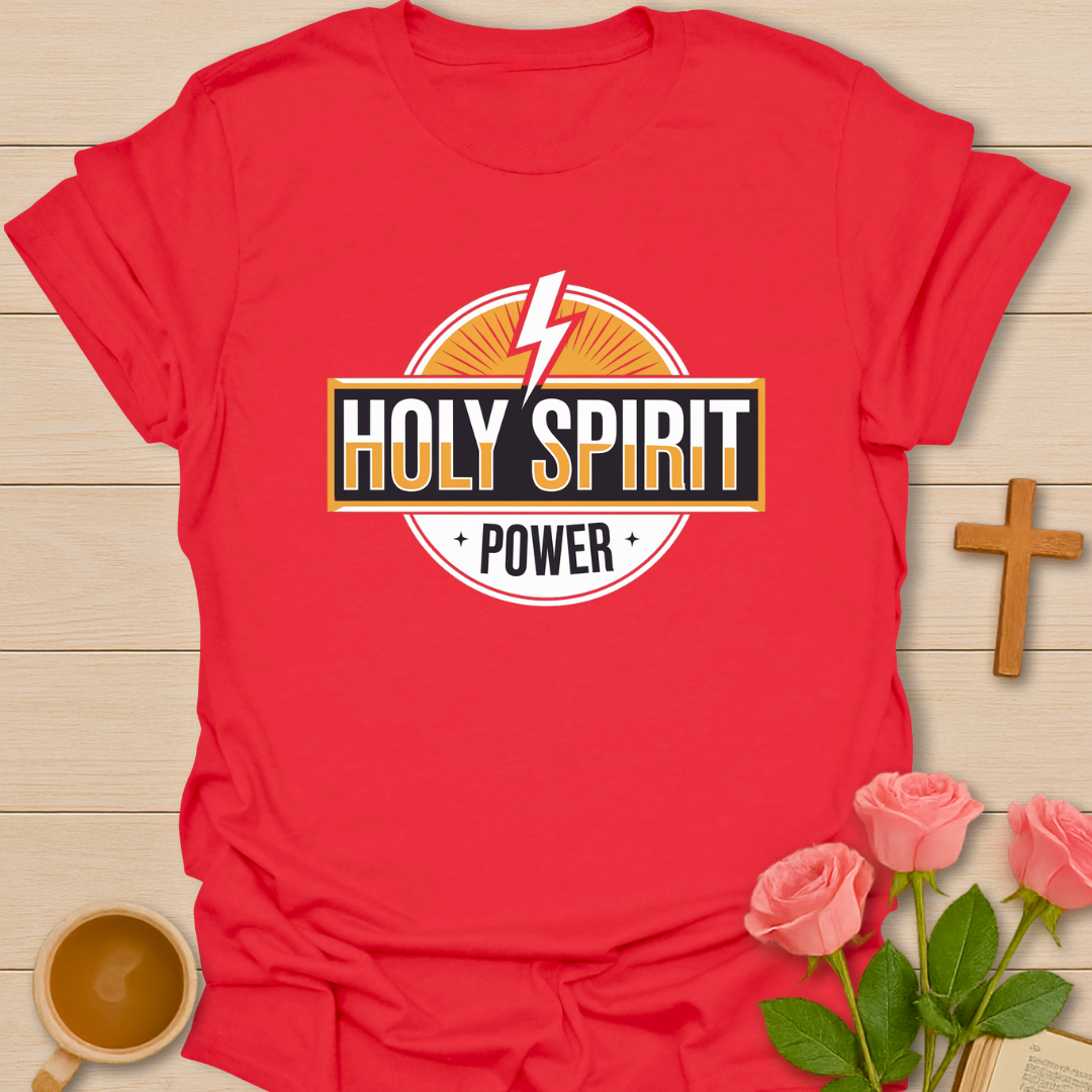 Red Holy Spirit Power Christian t-shirt for women with lightning bolt and faith design symbolizing spiritual strength and belief