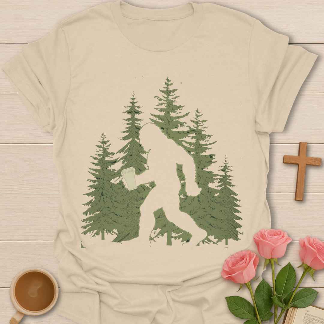 Beige t-shirt with Bigfoot holding a cup of tea while walking through a pine forest illustration
