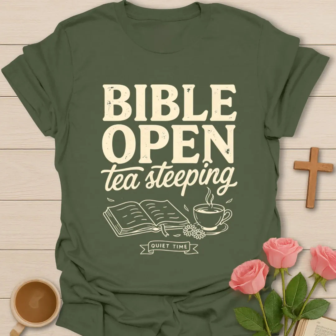 Bible Open Tea Steeping T-Shirt KozzyCo Christian and tea lover design