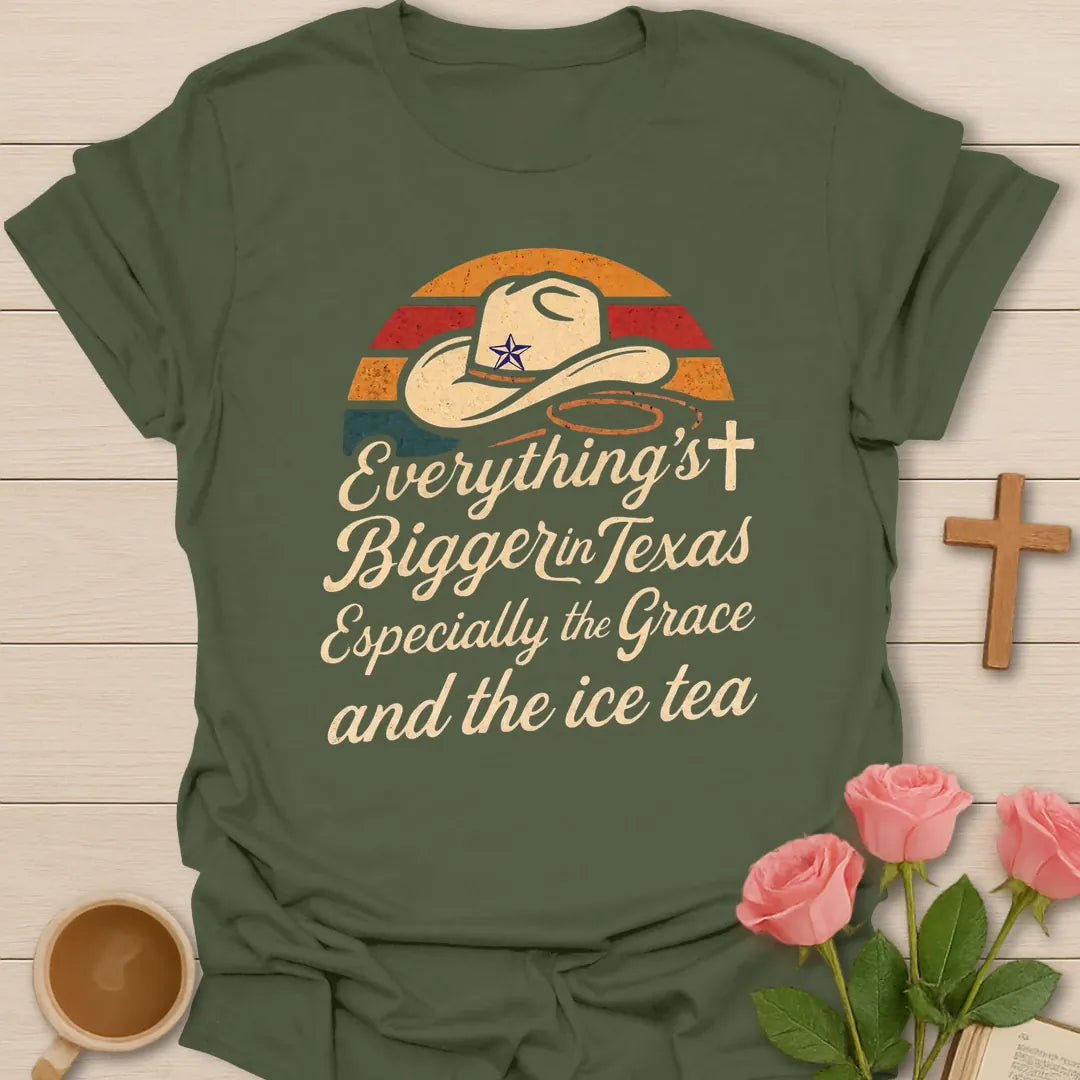 Bigger in Texas Faith shirt with Texas map, cross, and cream vintage lettering. - Military Green