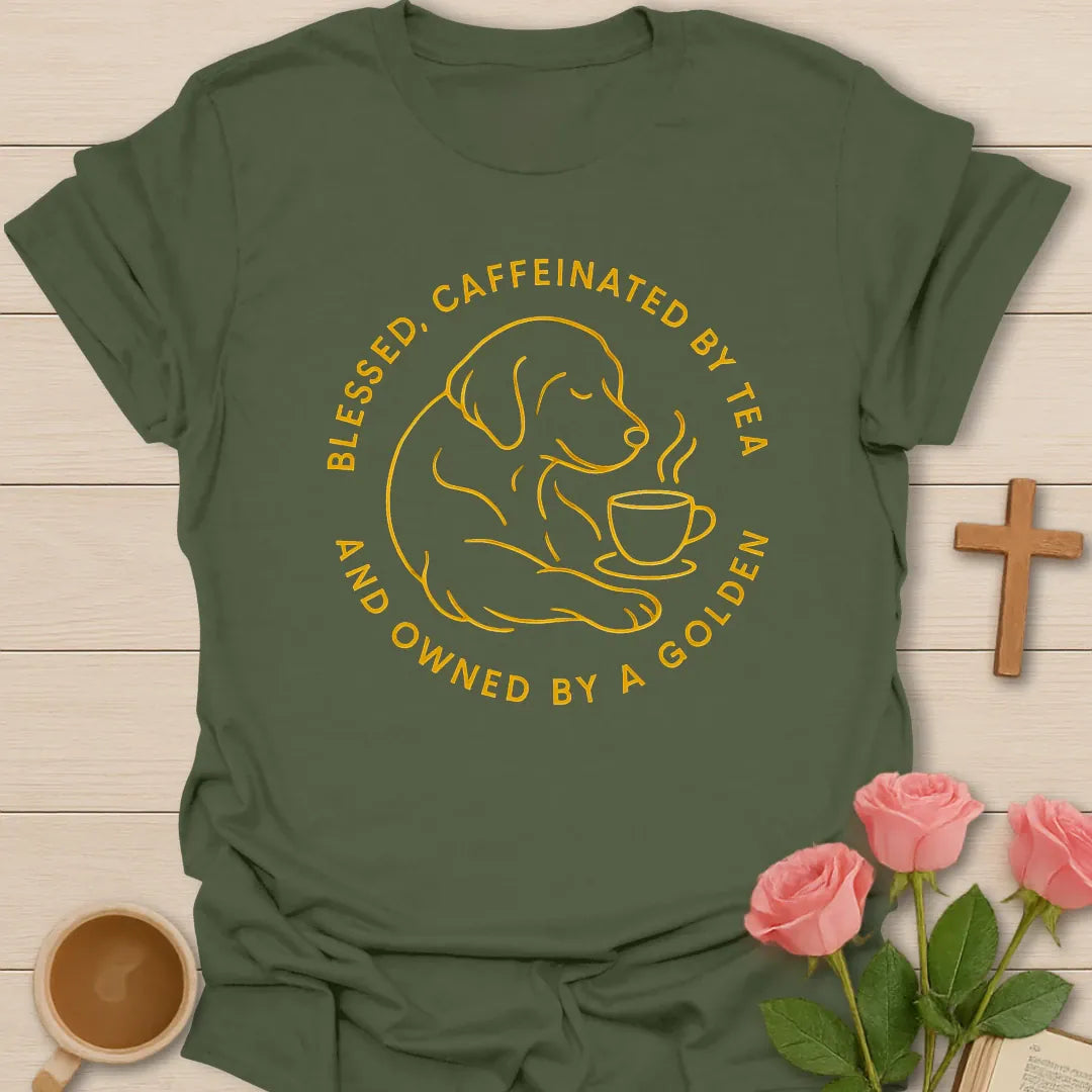 Blessed and Caffeinated By Tea shirt with teacup, cross, and cream vintage lettering. - Military Green