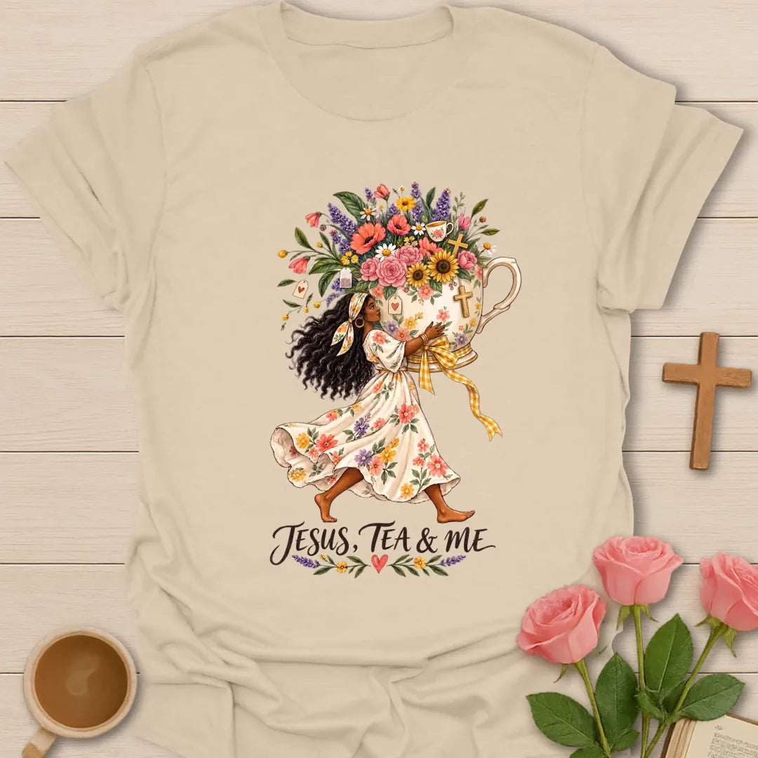 Blessed With Extra Tea shirt with playful lettering and faith-inspired design. - Sand