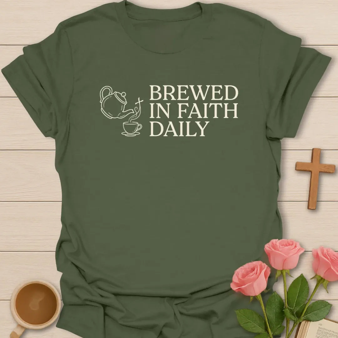 Brewed In Faith Daily Christian tea shirt with teapot, teacup, steam, and white vintage lettering - Military Green