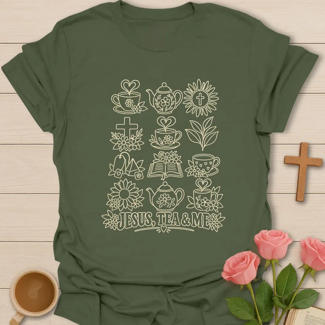 Christian tea lover shirt with faith-inspired lettering and teacup design. - Military Green