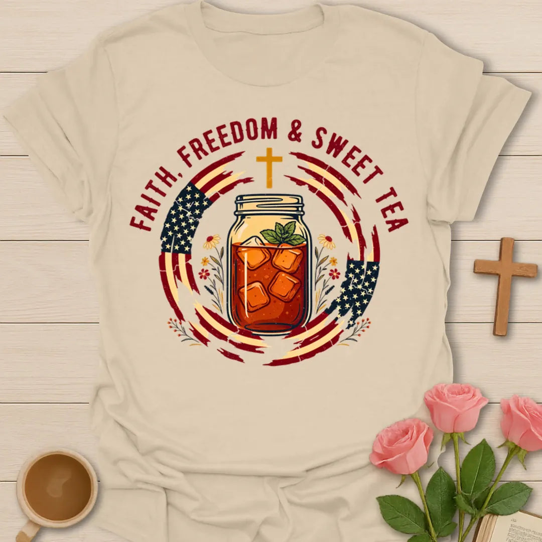 Faith Freedom and Sweet Tea patriotic shirt with mason jar iced tea, American flag accents, cross, and flowers - Sand