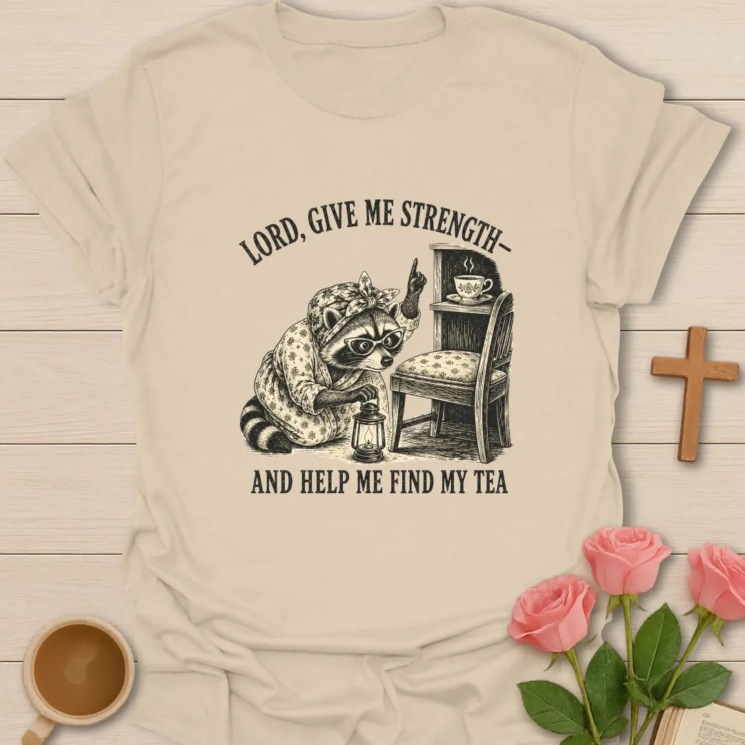 Find My Tea shirt with teacup, playful lettering, and faith-inspired design. - Sand