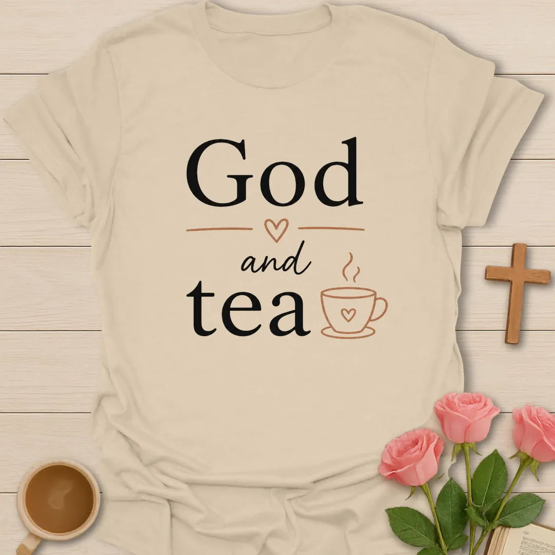 God and Tea shirt with teacup, cross, and cream vintage lettering. - Sand