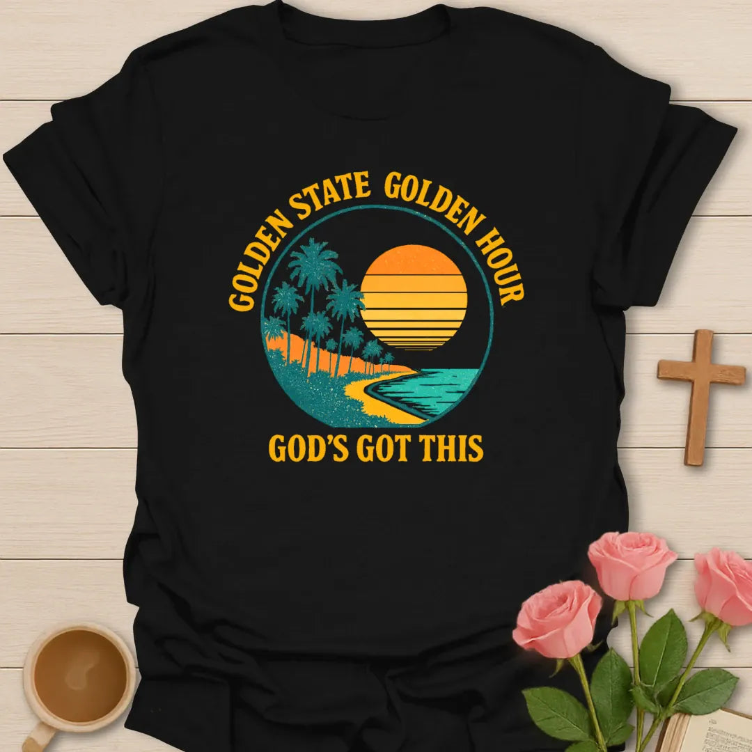Golden State Golden Hour shirt with California sunset, palm, teacup, and vintage lettering. - Black