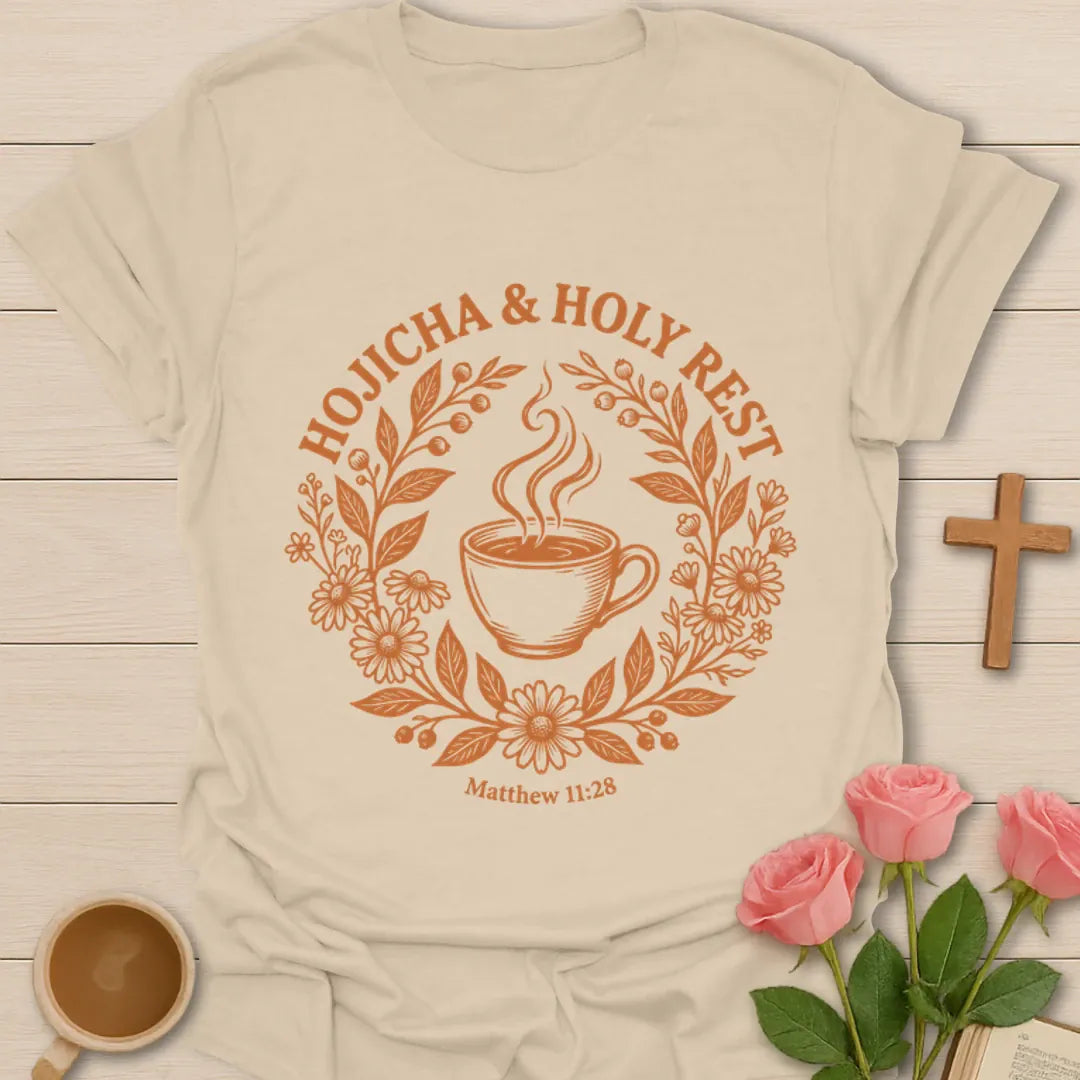 Hojicha and Holy Rest shirt with steaming teacup, floral wreath, botanical details, and Matthew 11:28 text. - Sand