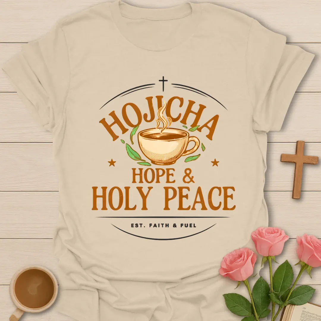 Hojicha Hope and Holy Peace shirt with steaming teacup, cross, leaves, and faith fuel text. - Sand