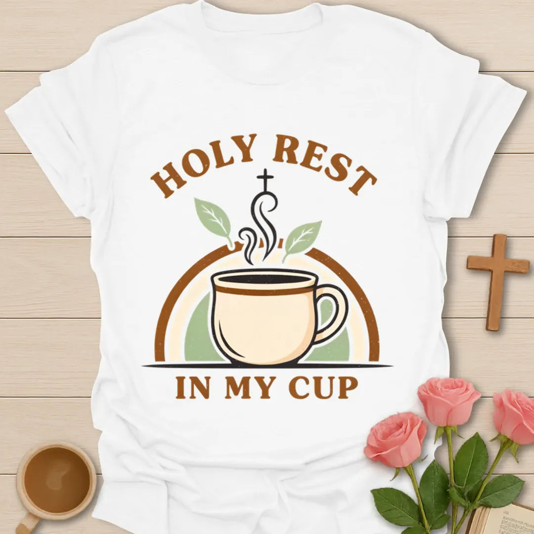 Holy Rest In My Cup Christian shirt with steaming teacup, cross, leaves, and retro rainbow design. - White