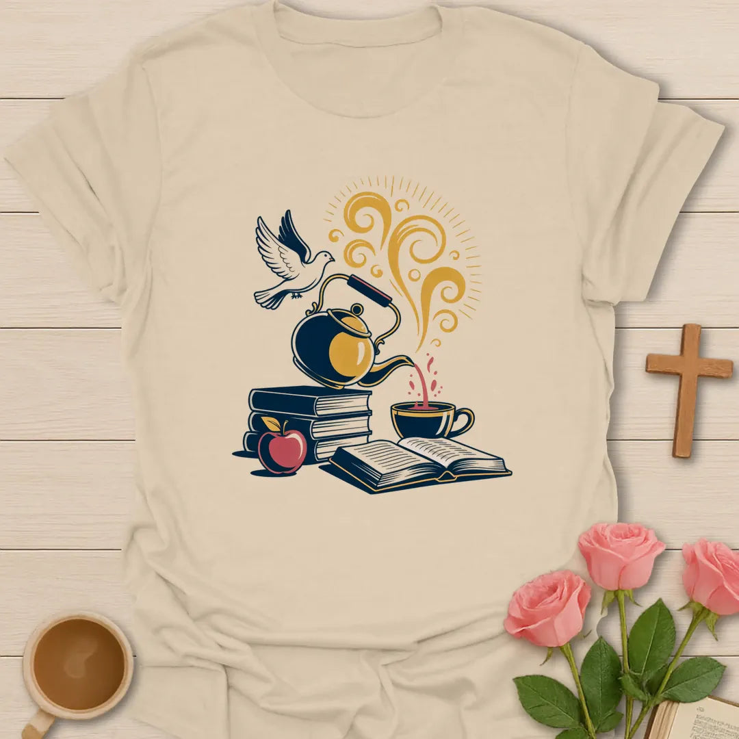 Holy Spirit Filled shirt with dove, florals, and cream vintage lettering. - Sand