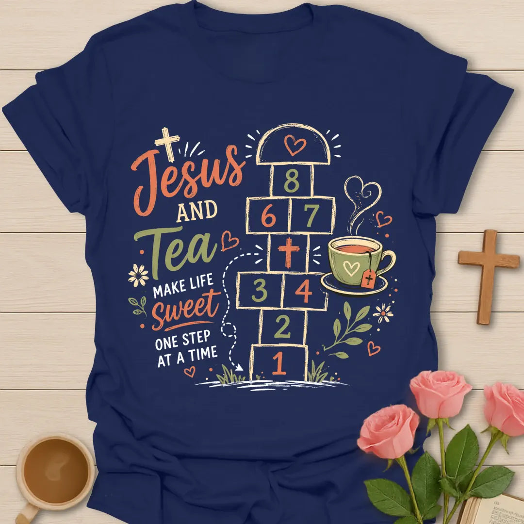 Jesus and Tea hopscotch shirt with numbered hopscotch path, teacup, cross, flowers, hearts, and Make Life Sweet text. - Navy