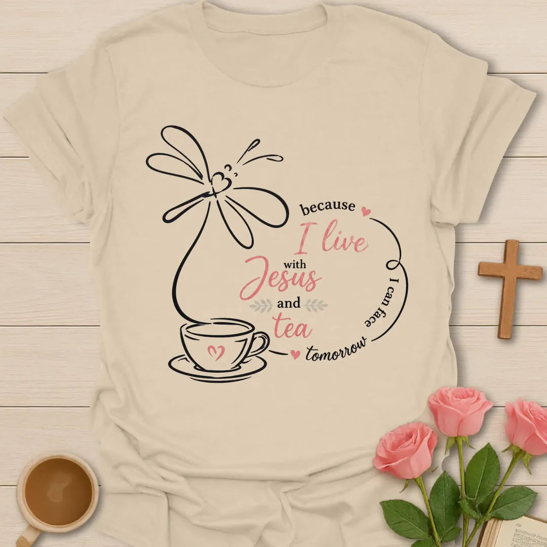 I Live With Jesus and Tea shirt with teacup, cross, floral accents, and simple Christian tea design. - Sand