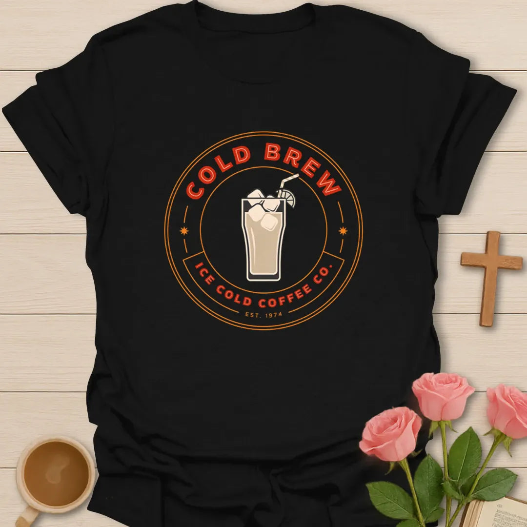 Cold Brew Coffee Co shirt with iced coffee glass, retro badge, orange lettering, and Ice Cold Coffee Co text - Black