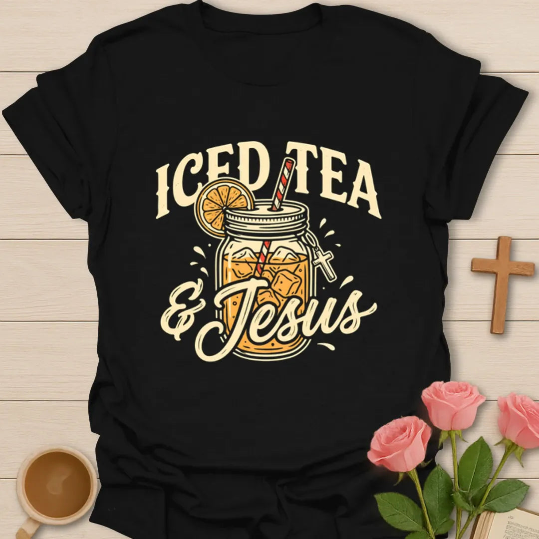 Iced Tea and Jesus shirt with mason jar iced tea, orange slice, straw, and vintage cream lettering - Black