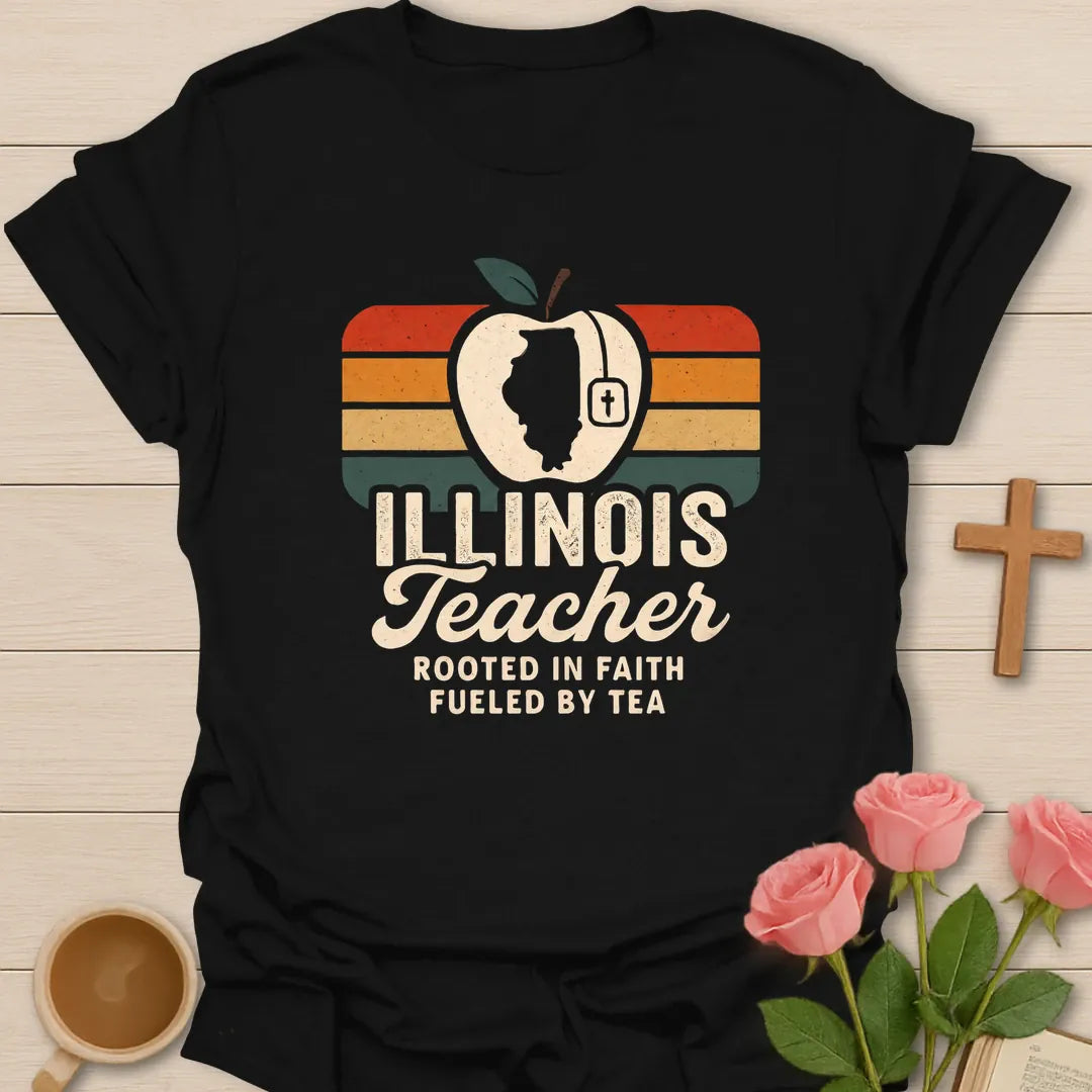 Illinois Teacher shirt with cream apple, Illinois silhouette, tea tag cross, retro orange gold and teal stripes, and distressed typography. - Black