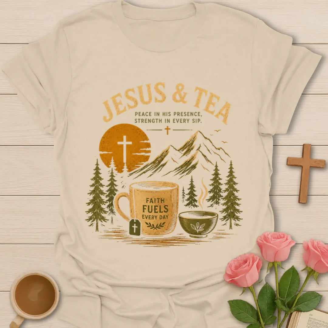 Jesus and Tea mountain shirt with mug, teacup, cross, tea bag, pine trees, and sunset design. - Sand