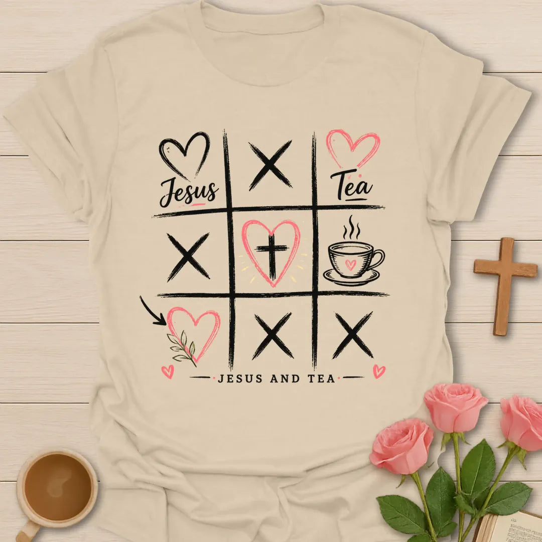 Jesus and Tea X and Hearts shirt with tic tac toe style hearts, cross, teacup, and Christian faith lettering. - Sand