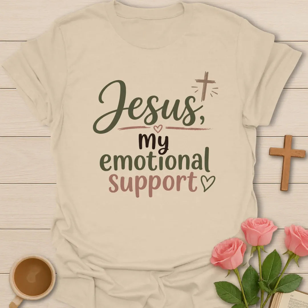 Jesus, My Emotional Support shirt with cross, teacup, and playful faith design. - Sand